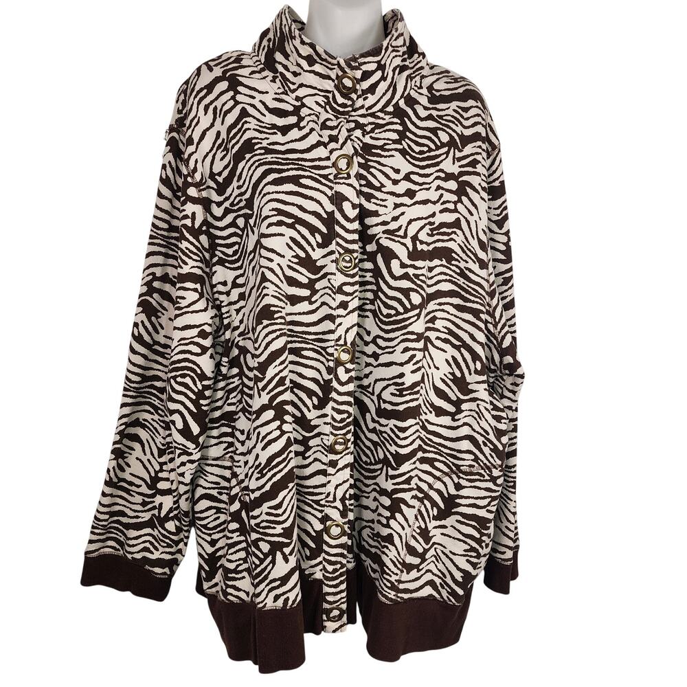 Liz & Me Sport Womens Jacket Brown Cream Animal Zebra Print Snap Front Cotton 3X
